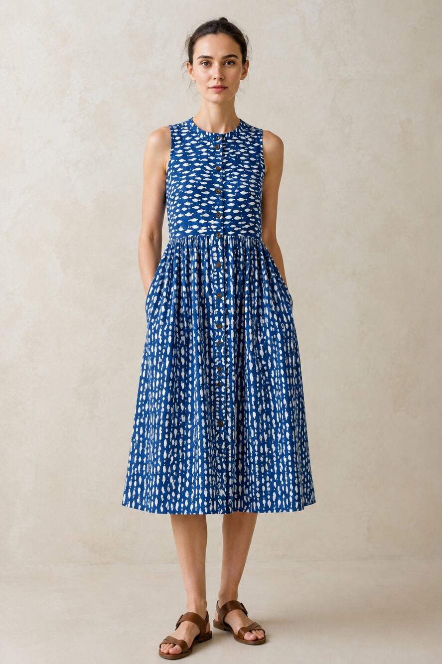 Artisan Indian Block Print Blue & White Sleeveless Button-Front Dress- Small